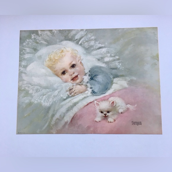1950's D.A.C. Framed Florence Kroger Print Baby & Kitten "Wake Up Time" - Picture 10 of 10